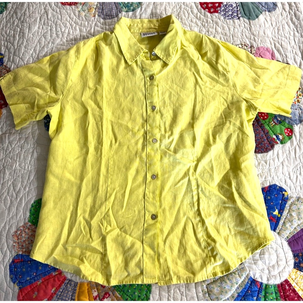 Chico's 100% Linen short Sleeve yellow Button Front Shirt Size 2